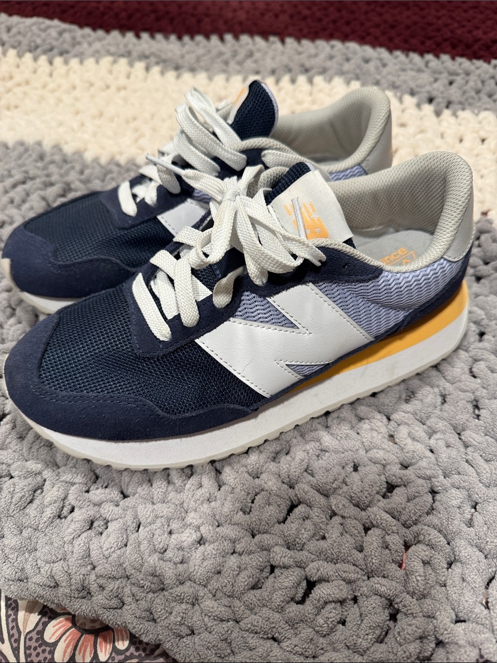 New Balance Women’s 237 Navy, White and Yellow Retro Runner Sneakers